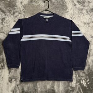 Bullhead Mens Large Navy Blue Striped Cotton Ribbed Crewneck Sweater Long Sleeve